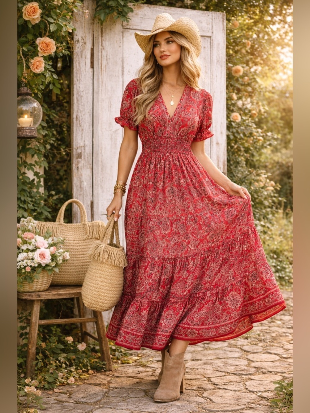 Red Paisley Boho Maxi Dress Smocked Waist Cottagecore Boho S